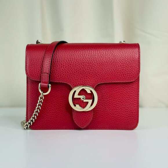 Gucci Handbags - Gucci Red Leather GG Logo Crossbody Bag with Chain Strap & Gold Hardware